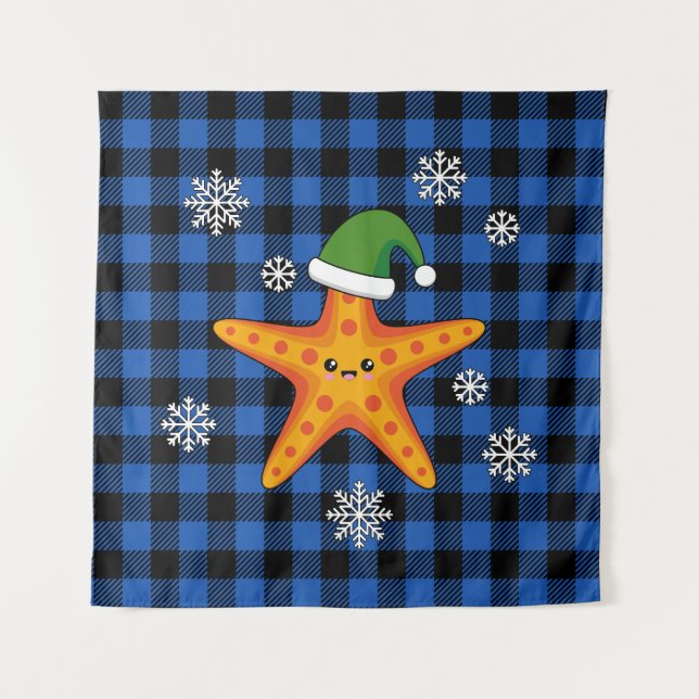 Tapiz Kawaii Navidad Starfish en patrón de búfalo azul (Anverso)