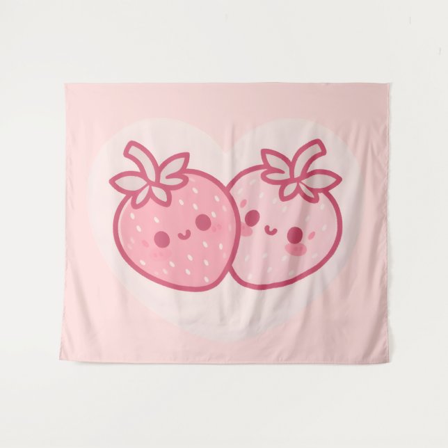 Tapiz Kawaii Pink Valentines Strawberries (Anverso (horizontal))