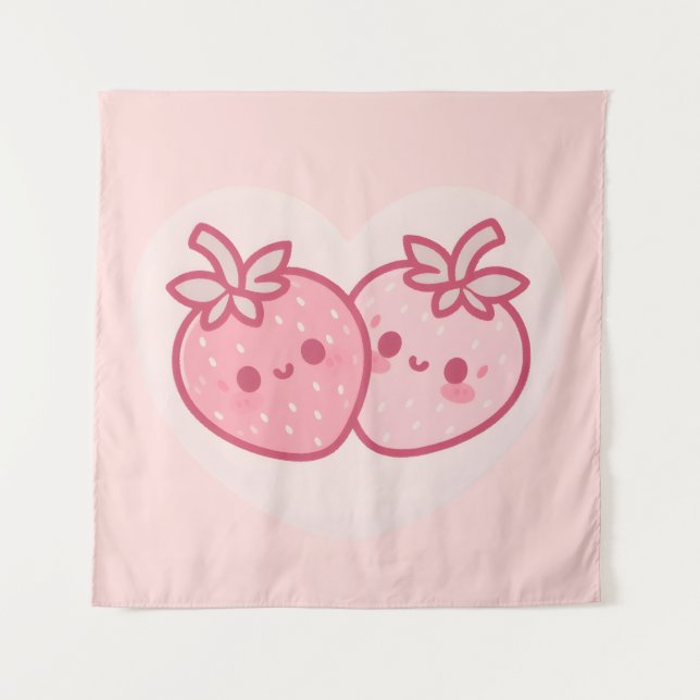 Tapiz Kawaii Pink Valentines Strawberries (Anverso)