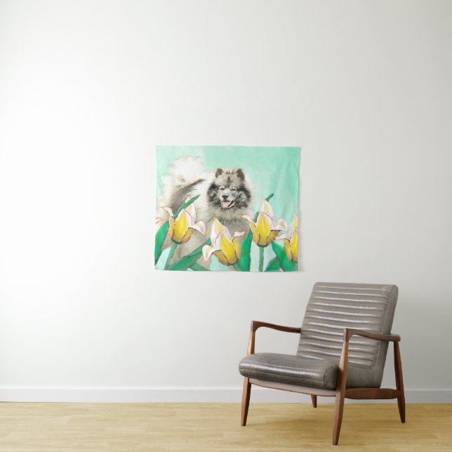 Tapiz Keeshond en tulipanes pintando arte original del p (In situ (horizontal))