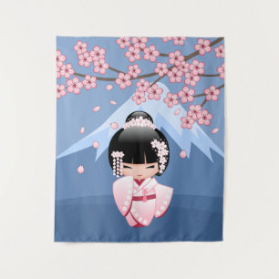 Tapiz Kimono rosa muñeca Kawaii Kokeshi montaña sobre az