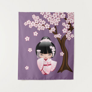 Tapiz Kimono rosa muñeca Kawaii Kokeshi sobre púrpura