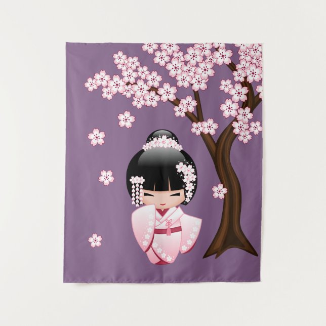 Tapiz Kimono rosa muñeca Kawaii Kokeshi sobre púrpura (Anverso)