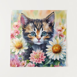 Tapiz Kitten Daisy Flowers Watercolor Art