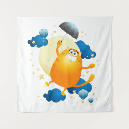 Tapiz Kitten lindo volando con paraguas