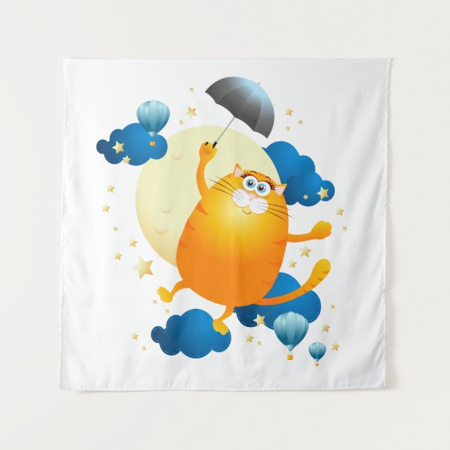 Tapiz Kitten lindo volando con paraguas (Anverso)