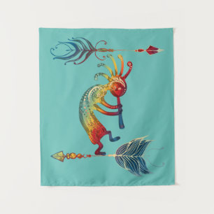 Tapiz Kokopelli nativo americano con dos plumas 1