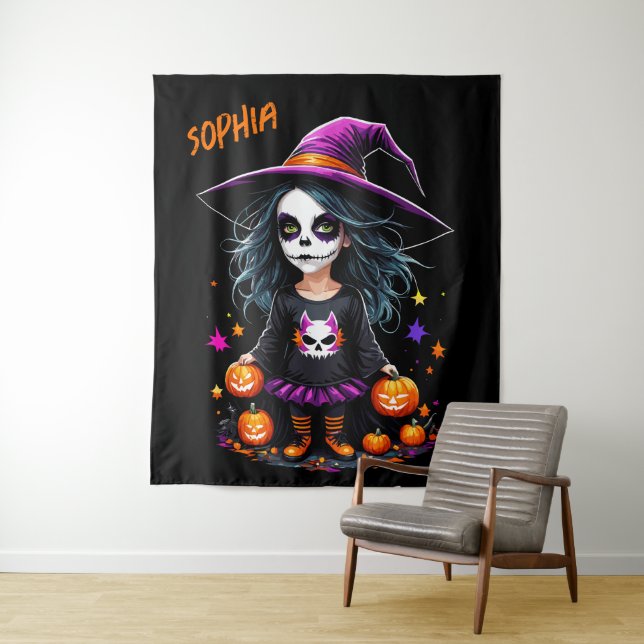 Tapiz La adorable bruja de Halloween de Kawaii (In situ)