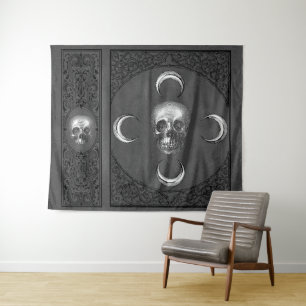 Tapiz La brujería florece Calavera gris oscuro y luna