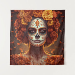 Tapiz La Catrina Marigold Día de los Muertos Calavera de