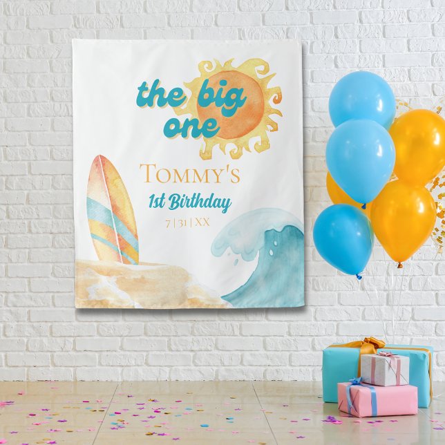 Tapiz La playa Big One Watercolor 1° cumpleaños (The Big One Watercolor Beach 1st Birthday Backdrop)
