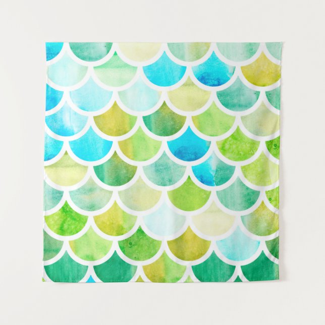 Tapiz La sirena escala. Balanzas de peces acuarela. Suma (Anverso)