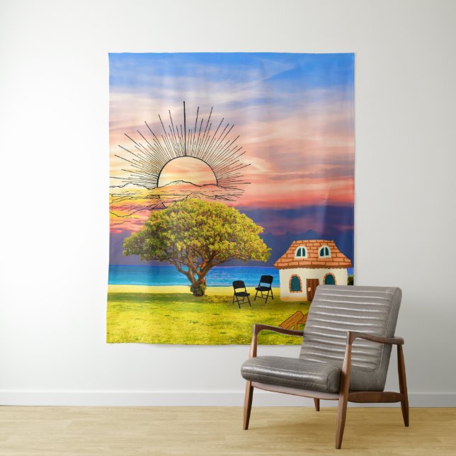 Tapiz La vida rural bajo el atardecer - Árbol rústico (In situ)