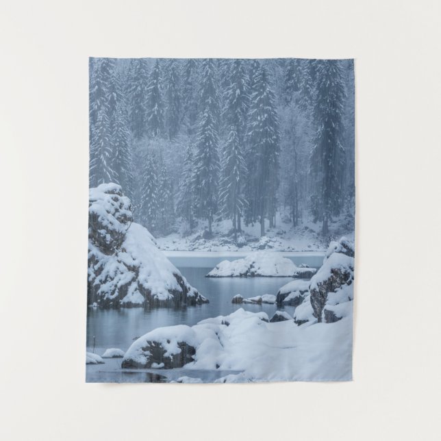 Tapiz Lago de caída de nieve fuerte Fusine, Italia (Anverso)