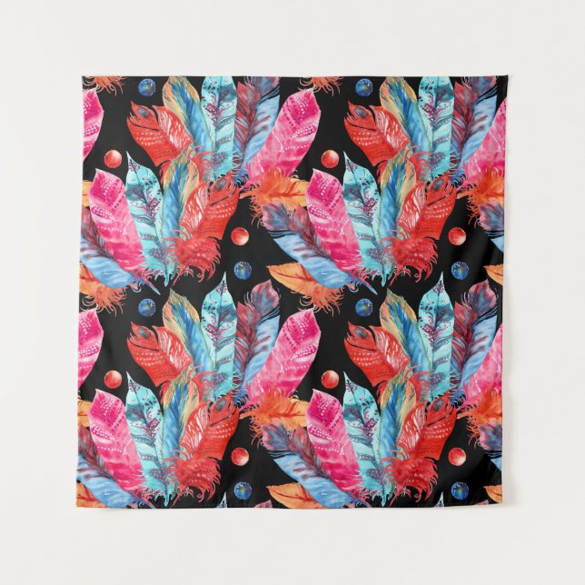 Tapiz Las plumas coloridas, boho, sin costuras, vibrante (Anverso)