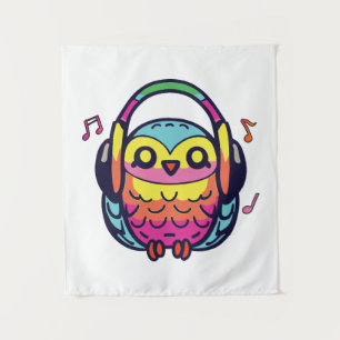 Tapiz Lechuza feliz con audífonos escuchando música.