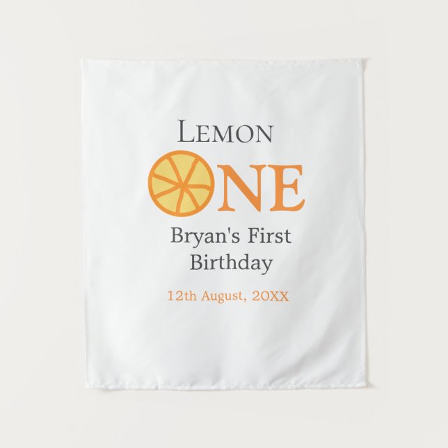 Tapiz Lemon one feliz primer cumpleaños naranja retro gr (Anverso)