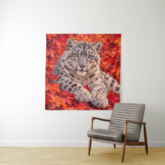 Tapiz Leopardo de las Nieves entre Hojas de Arce de Otoñ