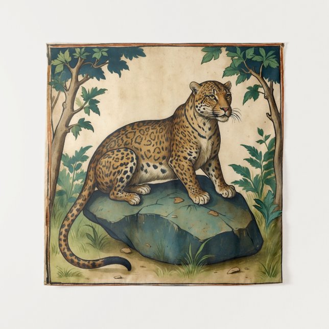 Tapiz Leopardo medieval sobre el rock en el arte foresta (Anverso)