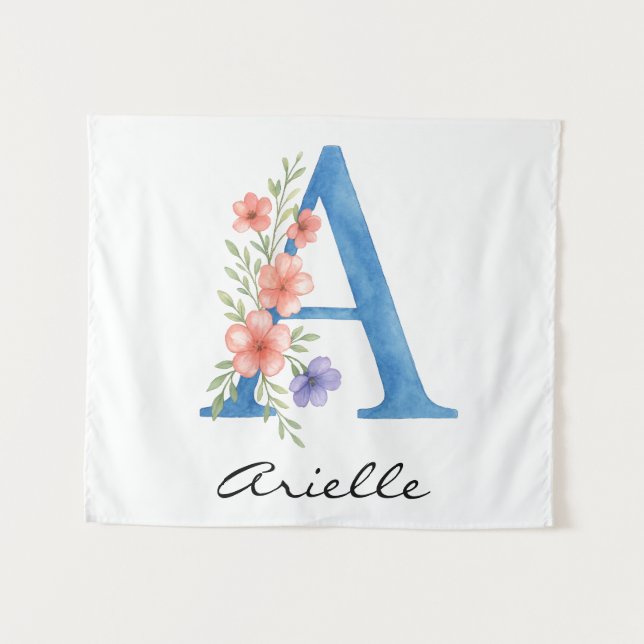Tapiz Letra floral acuarela personalizada monograma (Anverso (horizontal))