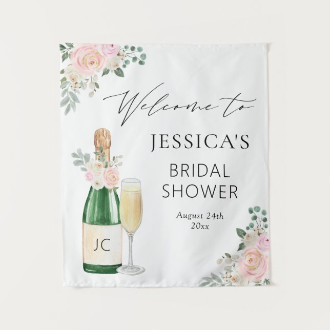 Tapiz Letrero de bienvenida de Pétalos y Prosecco (Anverso)