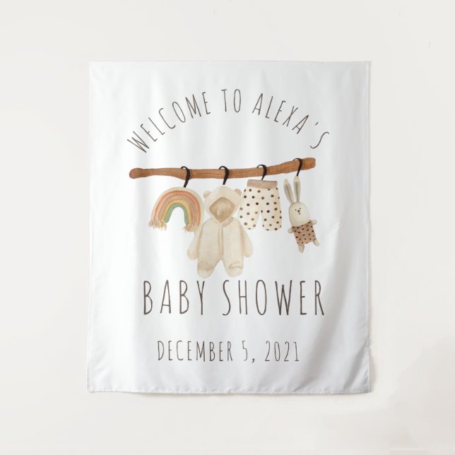 Tapiz Letrero de bienvenida para baby shower con ropa co (Anverso)