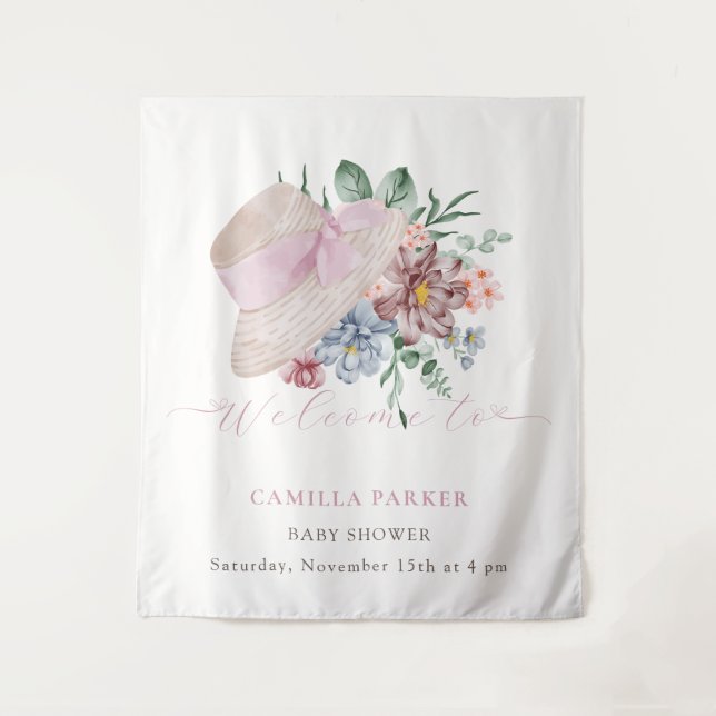 Tapiz Letrero de bienvenida para baby shower de niña con (Anverso)
