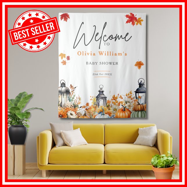 Tapiz Letrero de bienvenida para baby shower de Otoño: U (A Little Pumpkin is on the Way Fall Autumn Floral Baby Shower WELCOME SIGN Tapestry)