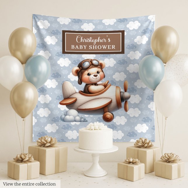 Tapiz Letrero de foto para baby shower de piloto con osi (Bright teddy bear pilot baby shower photo sign Tapestry )