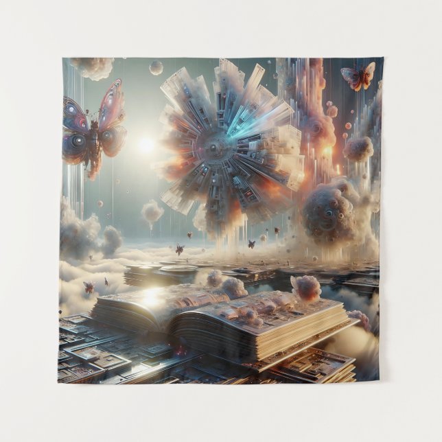 Tapiz Libros flotantes y rascacielos fractales en surrea (Anverso)