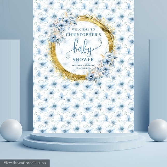 Tapiz Lindas flores azules polvorientas shower de bebé n (Cute dusty blue flowers gold boy baby shower Tapestry)