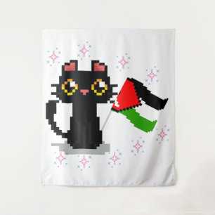 Tapiz lindo gato negro sostiene bandera palestina