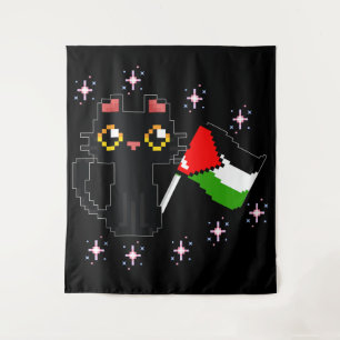 Tapiz lindo gato negro sostiene bandera palestina