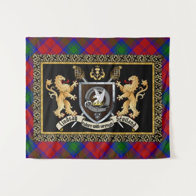 Tapiz Lindsay Clan Badge & Motto con Leones (Anverso (horizontal))
