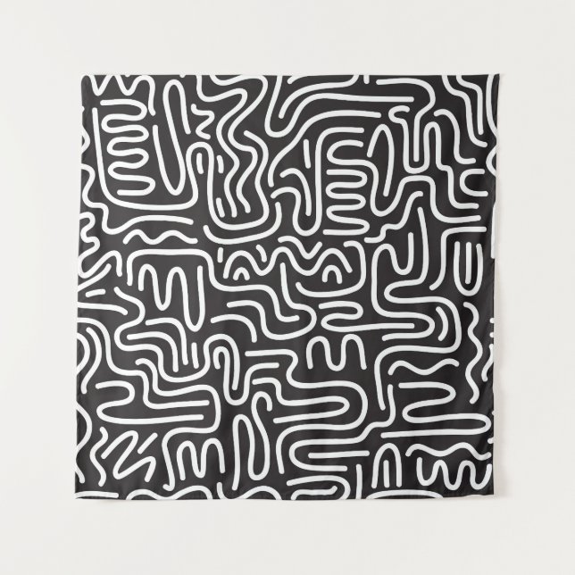 Tapiz Líneas onduladas de Doodle retro: Monocromo (Anverso)