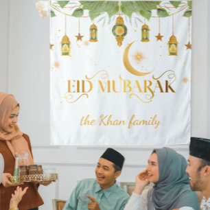 Tapiz Linternas blancas de oro personalizadas Eid Mubara