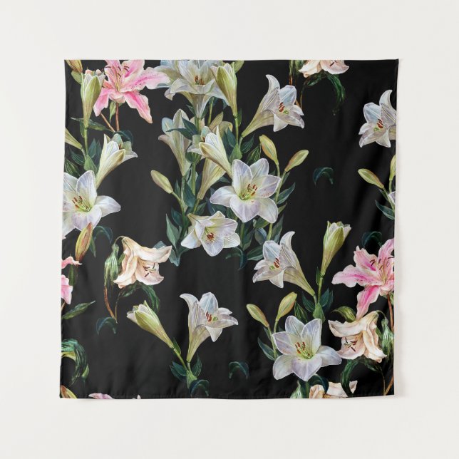 Tapiz Lirios florales: pintura de fondo negro (Anverso)