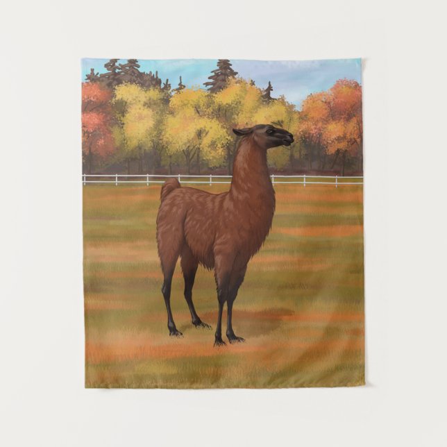 Tapiz Llama marrón en pastor de granja otoñal (Anverso)