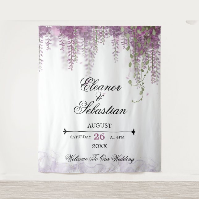 Tapiz Llamada Caligrafía Wisteria Púrpura Boda (Anverso)