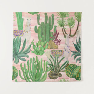 Tapiz Llamas acuarelas y patrones de cactus.