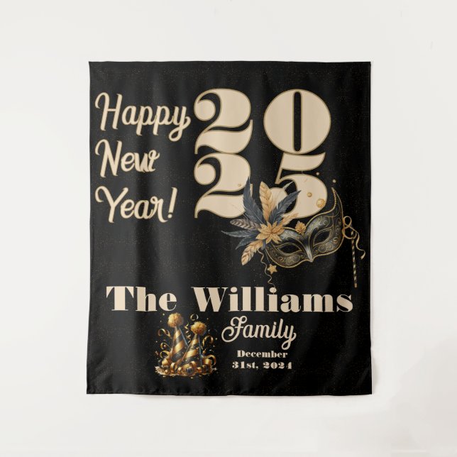 Tapiz Llamemos al fiesta de Año Nuevo negro glamoroso (Anverso)
