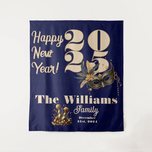 Tapiz Llamemos en Año Nuevo fiesta azul glamoroso (Anverso)