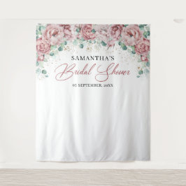 Tapiz Lluvia de boda boho con rosas rosadas y flores dor