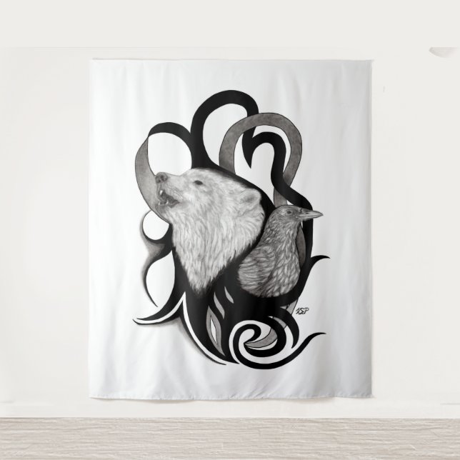 Tapiz Lobo blanco con arte tribal de Raven (Anverso)