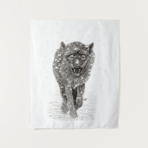 Tapiz Lobo negro enojado en la nieve, invierno salvaje