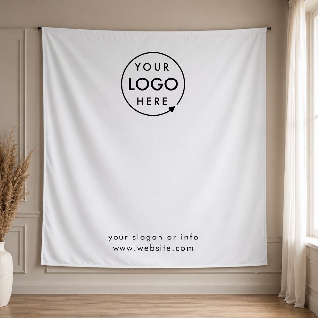 Tapiz Logotipo empresarial | Fondo blanco profesional pa (Company branded professional backdrop fabric drape tapestry signs for small business promotion.)