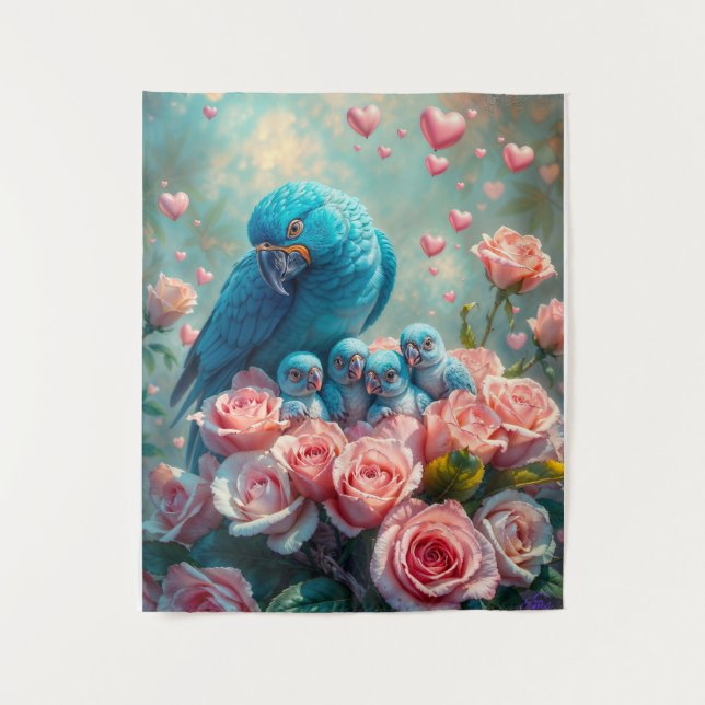 Tapiz Loro azul y bebés (Anverso)