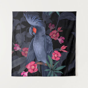 Tapiz Loro negro floral exótico: naturaleza tropical