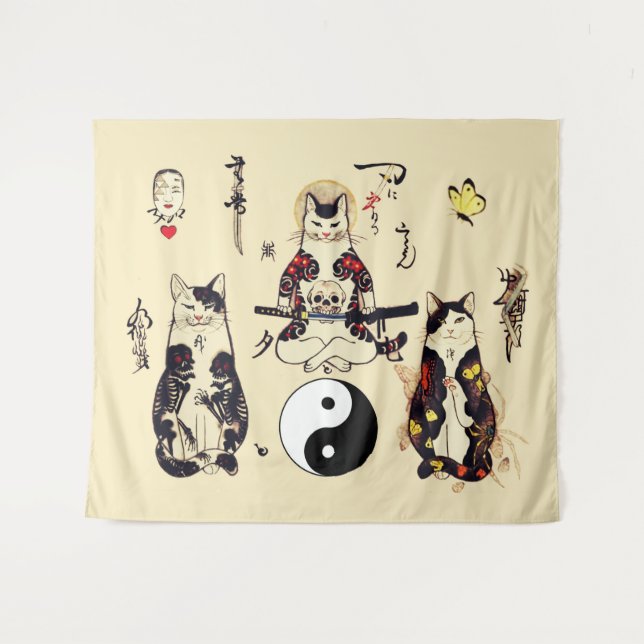 TAPIZ LOS GATOS SAMURAÍES EN EL ESQUÍ, SKELETON, TATOOS  (Anverso (horizontal))