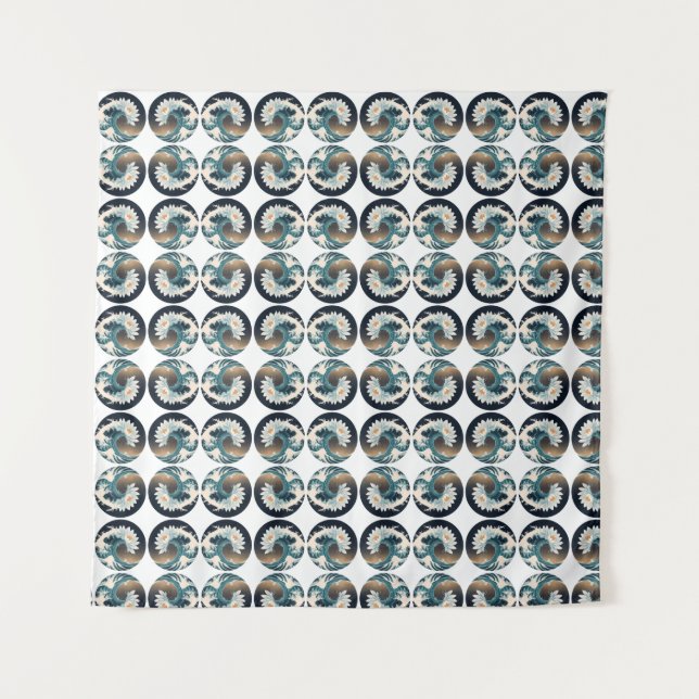 Tapiz Loto blanco y ola oceánica - Elegancia en movimien (Anverso)